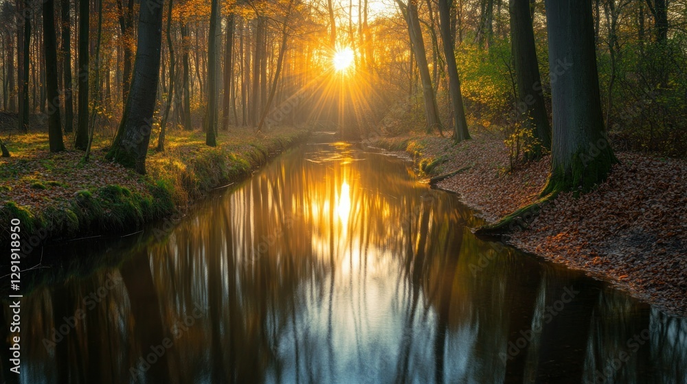 Fototapeta premium Golden sunlight streams through autumn forest onto a tranquil stream