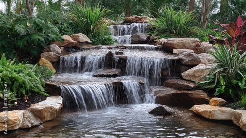Serene tiered waterfall cascading over rocks in lush garden.