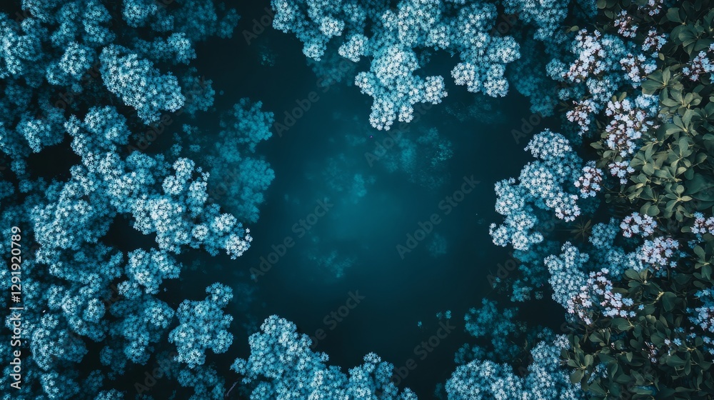Aerial View of Blue Flowers Encircling a Pond - Stunning aerial shot of a dark pond surrounded by vibrant blue flowers, creating a captivating natural frame Aerial View of Blue Flowers Encircling a Pond - Stunning aerial shot of a dark pond surrounded by vibrant blue flowers, creating a captivating natural frame