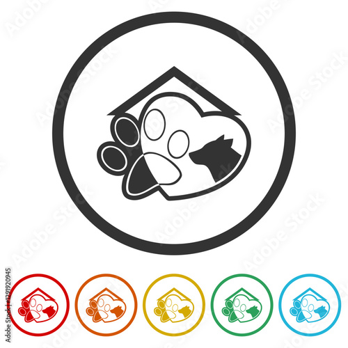 Pet hotel icon. Set icons in color circle buttons