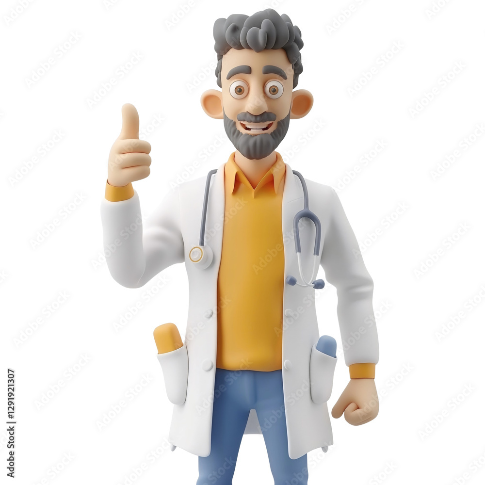 A 3D character of a healthcare worker in his 40s wearing a lab coat. He gives a thumbs up with a positive expression, showcasing confidence and professionalism in healthcare A 3D character of a healthcare worker in his 40s wearing a lab coat. He gives a thumbs up with a positive expression, showcasing confidence and professionalism in healthcare