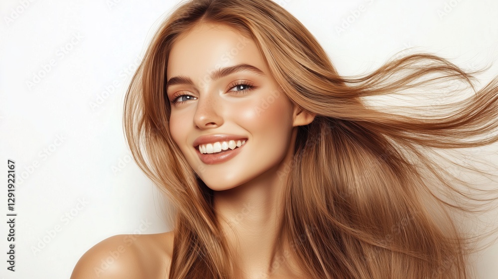 Beautiful smiling woman with luxurious hair isolated on white background, looking straight with natural beauty Beautiful smiling woman with luxurious hair isolated on white background, looking straight with natural beauty