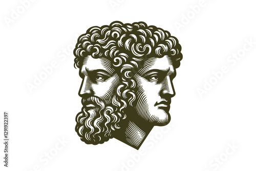 Janus god engraving, two faces, laurel wreath, vintage icon