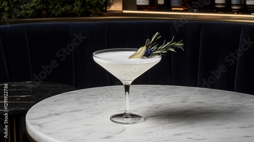 Elegant cocktail in martini glass with rosemary and pear garnish on marble table