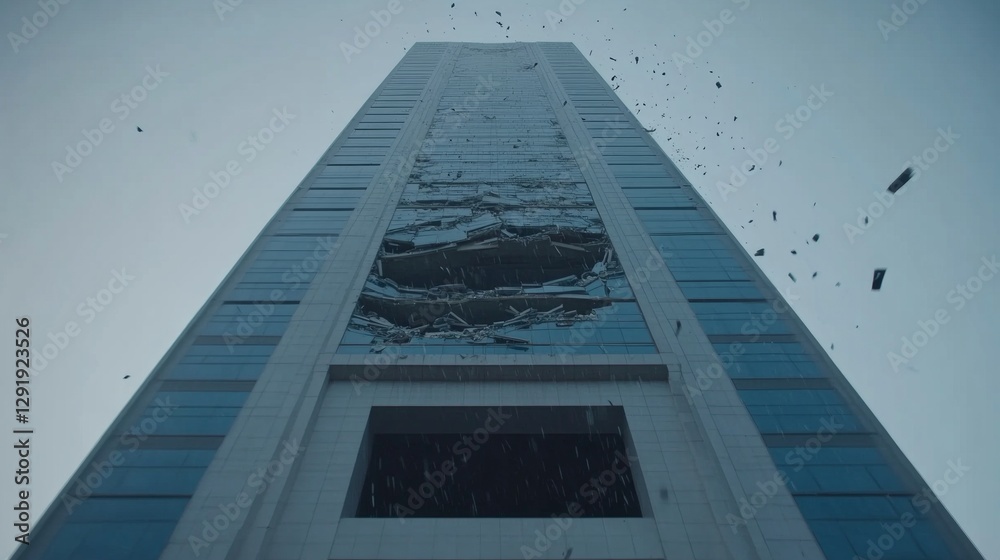 High-rise building shattered glass and debris falling skyward view High-rise building shattered glass and debris falling skyward view