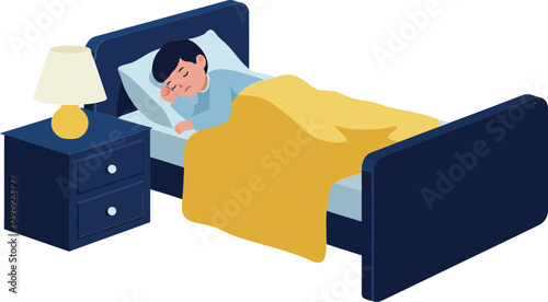 Child peacefully sleeping in a cozy bed with yellow blanket and bedside lamp, flat vector illustration