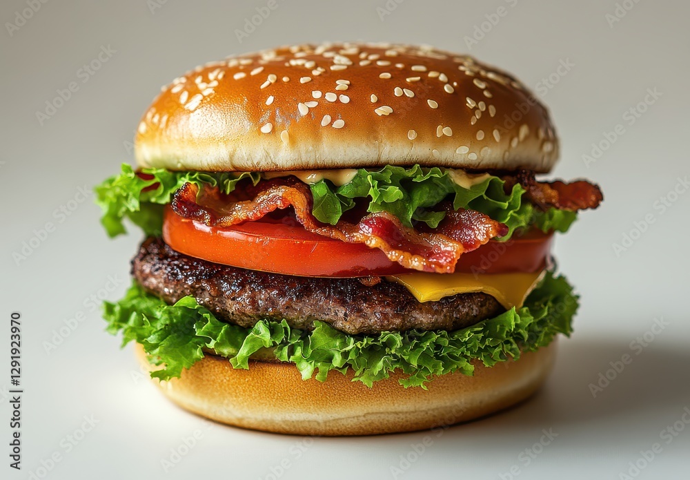 Juicy hamburger with crispy bacon, fresh lettuce, ripe tomato, and melted cheese in a toasted sesame seed bun on a light background Juicy hamburger with crispy bacon, fresh lettuce, ripe tomato, and melted cheese in a toasted sesame seed bun on a light background