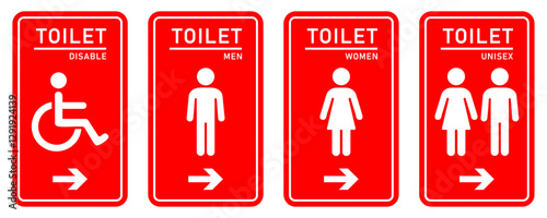 Toilet icon collection. Men and women restroom and toilet icon sign with right arrow. Wc toilet signs symbol red and white color. isolated vector illustration. Flat style.