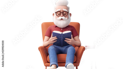 A man in his 60s with diverse ethnic background is sitting in a cozy orange armchair, engaged in reading a book. His thoughtful expression and casual attire create a serene atmosphere