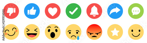 Collection of emoji reactions for social media. Like, dislike. heart, share, comment and more icon set for web. Vector illustration. Flat style.