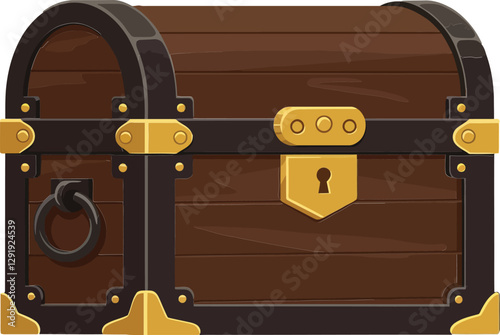 A detailed wooden treasure chest with golden accents and a lock, designed in a flat vector art style, showcasing adventure and mystery in its appearance