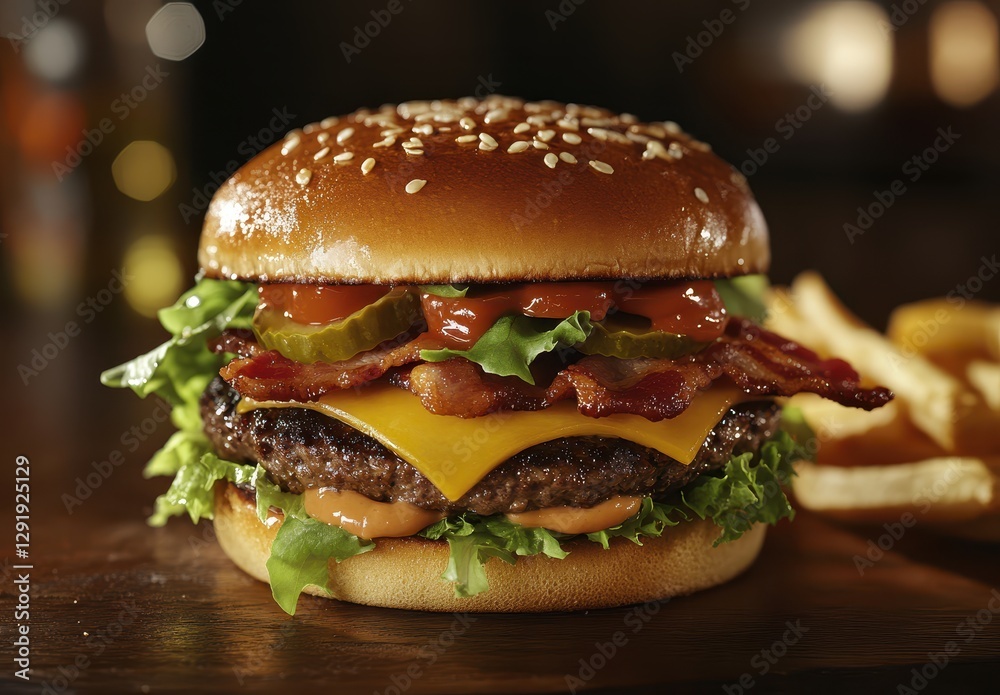 Juicy hamburger with lettuce, bacon, cheese, pickles, and ketchup served with crispy fries on a rustic wooden table in a cozy restaurant setting Juicy hamburger with lettuce, bacon, cheese, pickles, and ketchup served with crispy fries on a rustic wooden table in a cozy restaurant setting