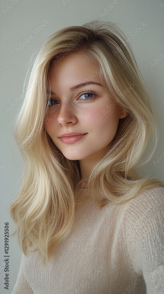 Naklejka premium Beautiful young blonde woman with natural makeup and glowing skin wearing beige sweater, soft studio lighting creates gentle shadows highlighting her radiant smile and wavy hair.