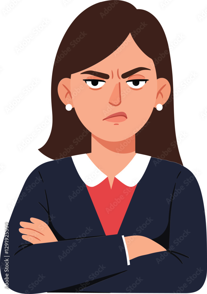 Confident woman with crossed arms displaying a serious expression in flat vector illustration style, conveying strength and determination in a professional setting vector art Confident woman with crossed arms displaying a serious expression in flat vector illustration style, conveying strength and determination in a professional setting vector art