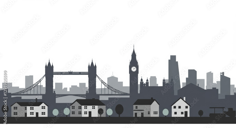 Naklejka premium A graphic novel- comic-style, illustration of a London urban suburb, with detailed streets and buildings, set against the iconic skyline of London City in the background.