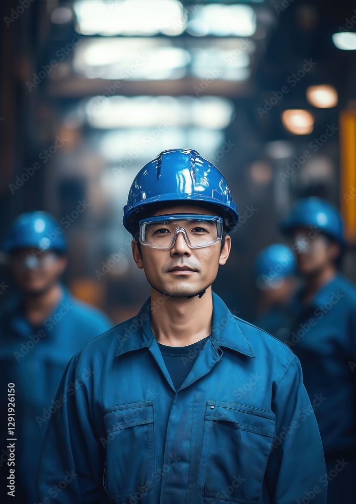 Un ouvrier asiatique, vue de face, portant un casque de sécurité bleu et des lunettes de protection, debout avec d'autres employés en arrière-plan dans une usine sidérurgique. Un ouvrier asiatique, vue de face, portant un casque de sécurité bleu et des lunettes de protection, debout avec d'autres employés en arrière-plan dans une usine sidérurgique.