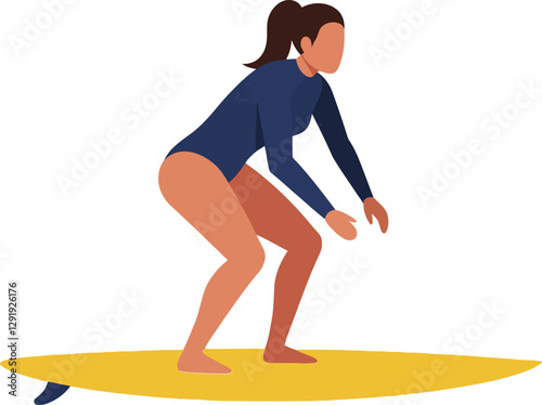 A young woman skillfully balancing on a vibrant yellow surfboard in a flat style vector illustration, showcasing determination and excitement in a dynamic surfing scene
