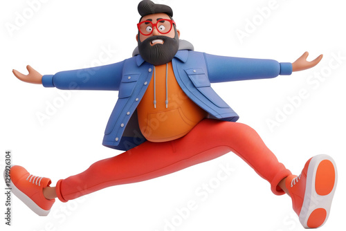 An abstract character strikes a dynamic pose, exuding energy and creativity through its vibrant colors and clean design. The character stands out against a white background