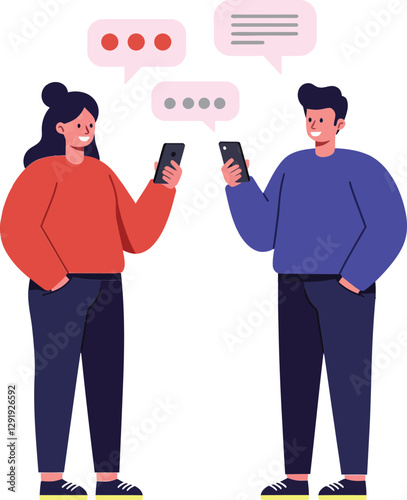 Two friends engaged in a lively conversation while using smartphones in a flat design vector illustration