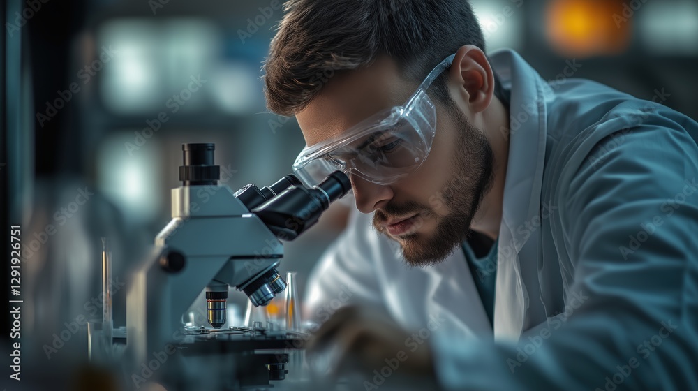 A scientist is focused on a biological sample placed under a microscope in a modern biotechnology laboratory. The setting is well-equipped and conducive to research A scientist is focused on a biological sample placed under a microscope in a modern biotechnology laboratory. The setting is well-equipped and conducive to research