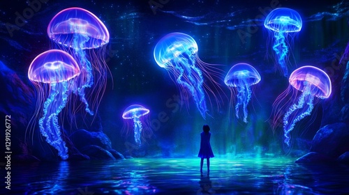 Girl Watching Bioluminescent Jellyfish - A young girl stands mesmerized by a breathtaking display of bioluminescent jellyfish in an underwater cave. Magical, serene scene photo