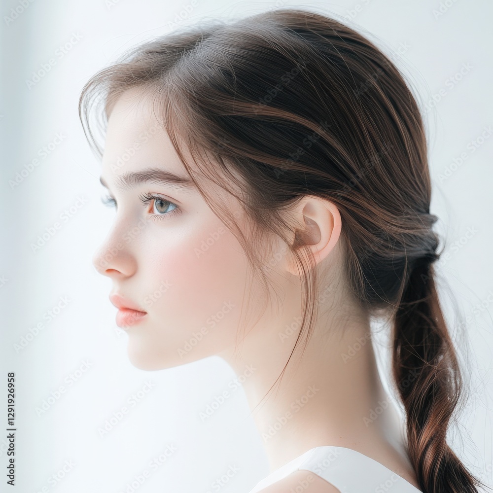 profile view of a young woman with brown hair. profile view of a young woman with brown hair.