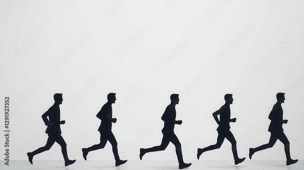 Minimalist Black Friday rush concept, abstract silhouettes of people running, monochrome theme, high contrast Minimalist Black Friday rush concept, abstract silhouettes of people running, monochrome theme, high contrast