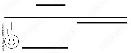 Smiling face amidst horizontal lines and descending motion, representing balance, movement, joy. Ideal for positivity, design, humor, happiness, energy simplicity abstract line flat metaphor