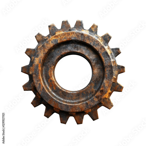 Close-up of an industrial metal gear with a rusty coating on a transparent background, png