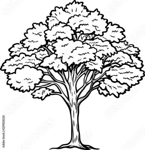 intricate tree illustration with detailed branches and foliage in black and white line art