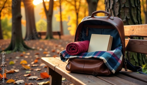 Vintage Brown Leather Backpack Cozy Resting on Park Bench Against Autumn Foliage