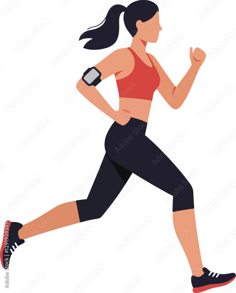 Athletic woman in red sportswear running energetically with focus and determination in a minimal flat vector illustration Athletic woman in red sportswear running energetically with focus and determination in a minimal flat vector illustration