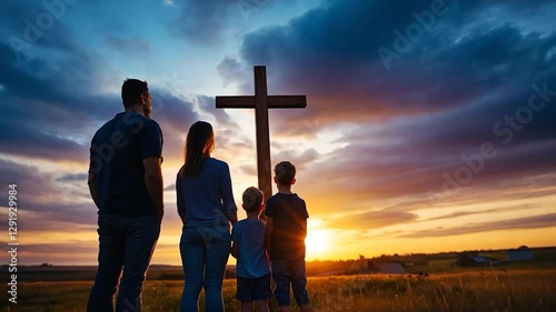 Family Gazing at Cross at Sunset