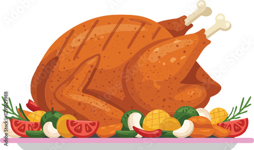A beautifully roasted turkey surrounded by vibrant vegetables and garnishes in a minimal flat design vector art