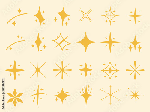 24 Gold Starburst Sparkle Icons: Shiny Glitter Light Elements for Design.