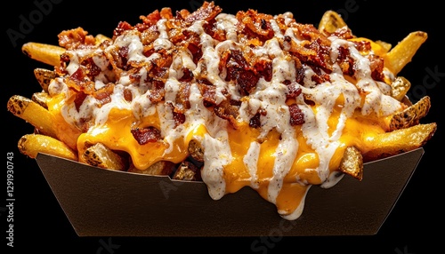 A mouthwatering serving of loaded fries topped with crispy bacon, melted cheese, and drizzled with creamy sauce.