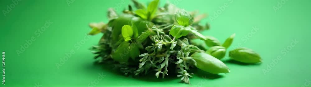 Close up of fresh herbs on green surface, natural light, concept of nature, freshness, cooking

