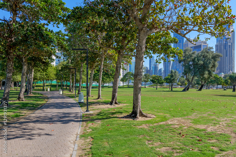 Picturesque green park in the center of Dubai with a view of the skyscrapers of Downtown Dubai. A great place for walks, picnics, and relaxation amidst nature and urban architecture Picturesque green park in the center of Dubai with a view of the skyscrapers of Downtown Dubai. A great place for walks, picnics, and relaxation amidst nature and urban architecture