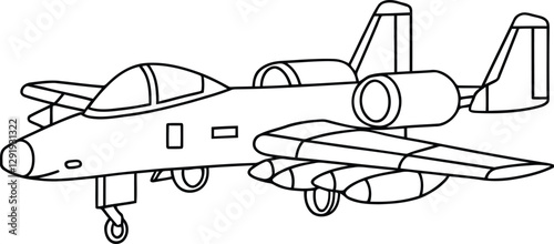 Realistic Military Jet Fighter Side View Line Art for Coloring
