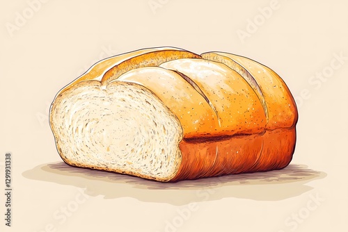 Sourdough bread with detailed texture, sliced and arranged on a wooden surface, evoking a cozy homemade feel, comic book illustration style