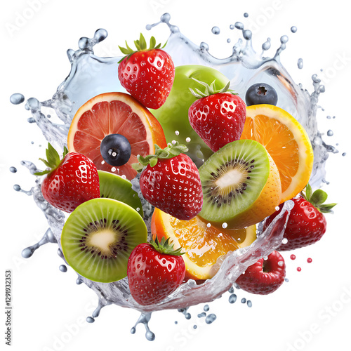Fresh Fruit Splash: Strawberries, Kiwi, Oranges isolated on transparent background