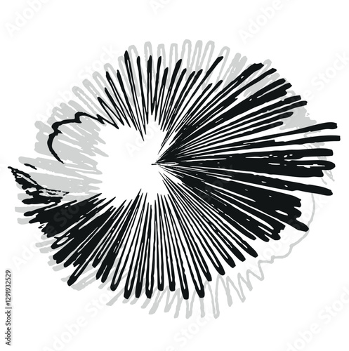  A dynamic black and white radial burst pattern with converging lines creating a sense of rapid movement or explosion from the center.
