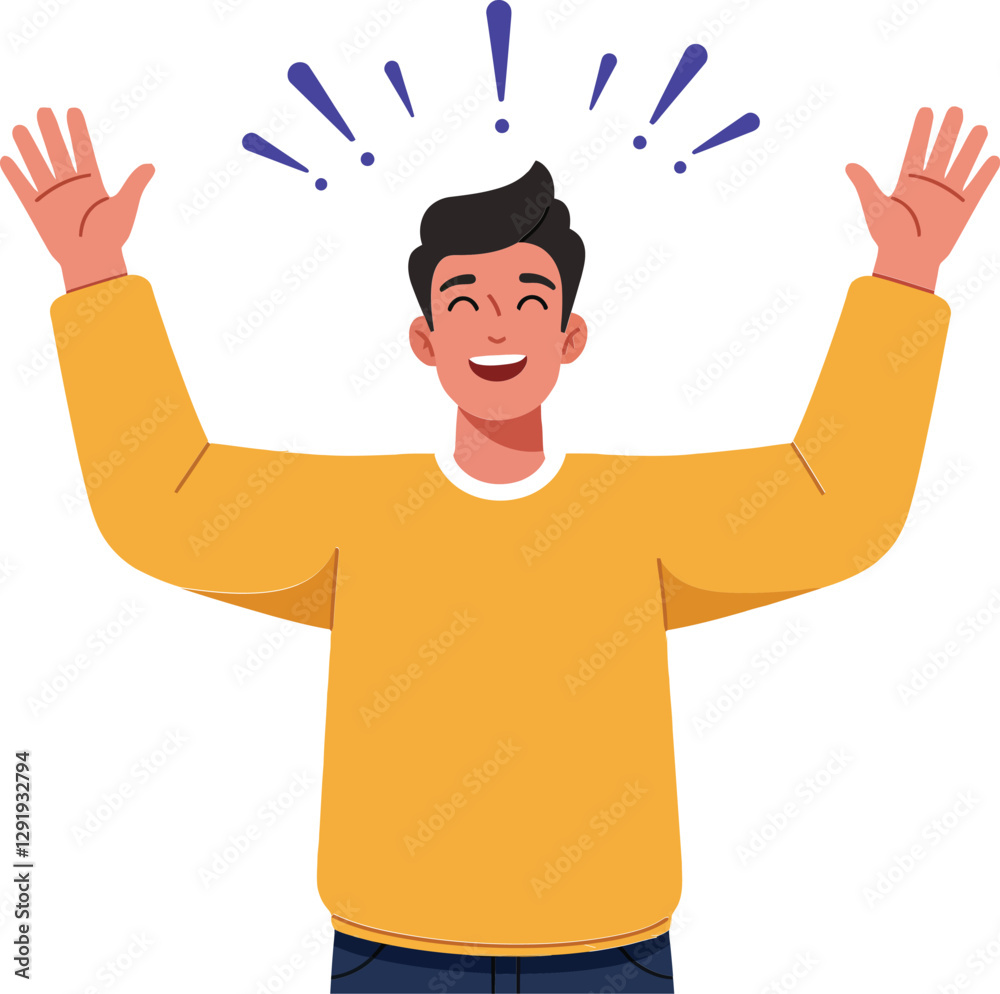 Happy young man celebrating with raised arms in a vibrant yellow sweater in a cheerful flat vector illustration