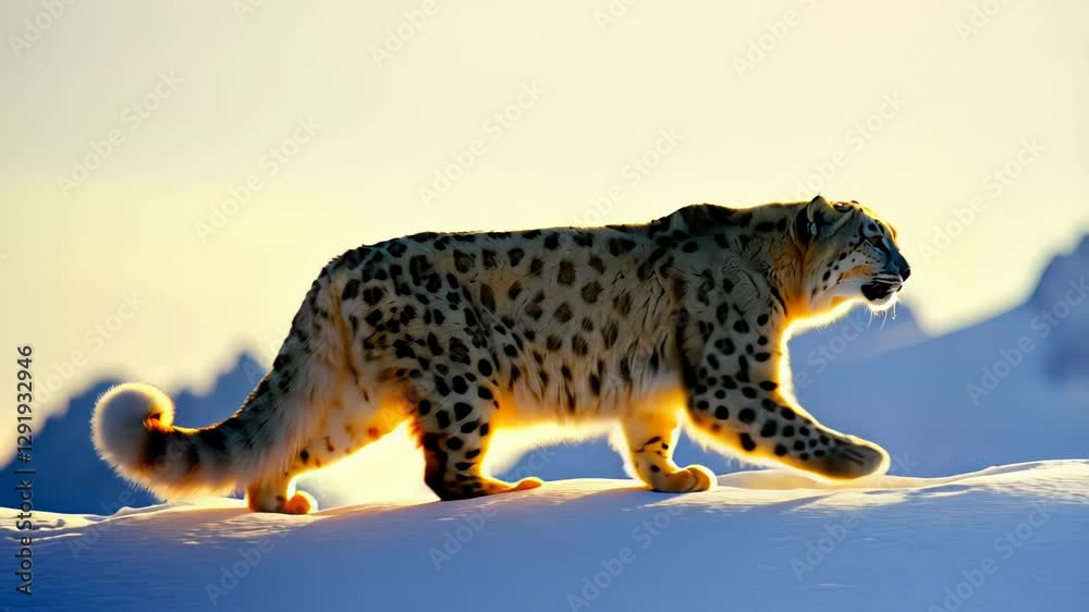 Majestic snow leopard gracefully walks along a snowy mountain ridge, illuminated by the warm glow of the setting sun, showcasing its powerful and elegant movement in a natural winter habitat