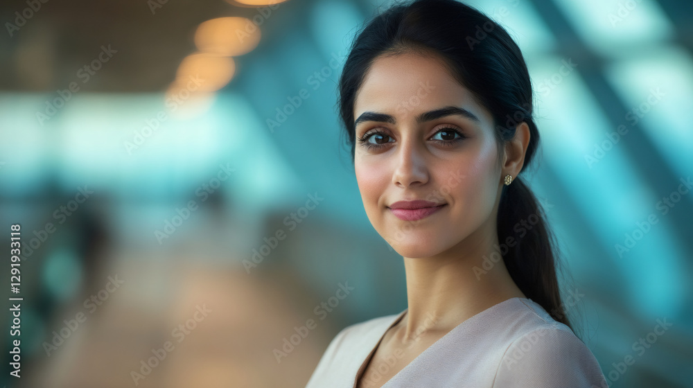 Portrait of a businesswoman smiling in a modern office building, conveying confidence and professionalism Portrait of a businesswoman smiling in a modern office building, conveying confidence and professionalism