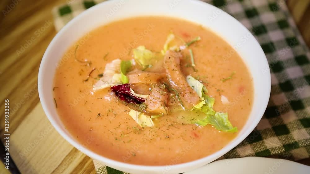 Dietary fish soup-puree with salmon on a light background Dietary fish soup-puree with salmon on a light background