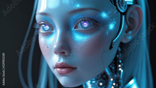 Futuristic robotic female character with glowing blue features and intricate circuitry details in a dark setting