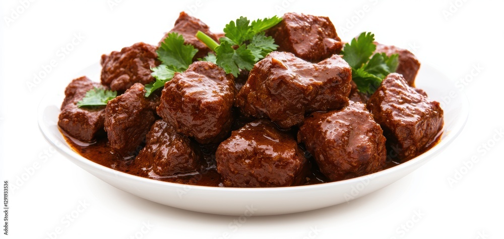 A plate of tender beef cubes coated in a rich, savory sauce, garnished with fresh cilantro, offering a mouthwatering presentation. A plate of tender beef cubes coated in a rich, savory sauce, garnished with fresh cilantro, offering a mouthwatering presentation.