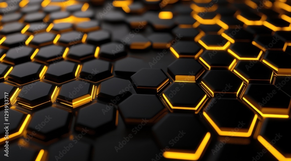 Futuristic black hexagonal surface glowing with orange light Futuristic black hexagonal surface glowing with orange light