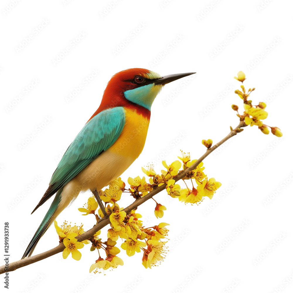Fototapeta premium A colorful bird perched on the branch of yellow flowers, against a transparent background, png
